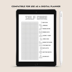 May include: A digital planner template on a tablet screen with the text "SELF CARE" at the top. The template includes a grid with checkboxes next to a list of self-care activities, such as meditation, journaling, skincare routine, drinking water, sleeping 1+ hours, taking a walk, reading for pleasure, stretching/yoga, digital detox, gratitude practice, and relaxing bath.