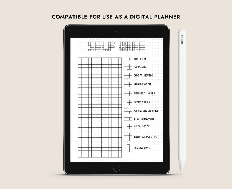 May include: A digital planner template on a tablet screen with the text "SELF CARE" at the top. The template includes a grid with checkboxes next to a list of self-care activities, such as meditation, journaling, skincare routine, drinking water, sleeping 1+ hours, taking a walk, reading for pleasure, stretching/yoga, digital detox, gratitude practice, and relaxing bath.
