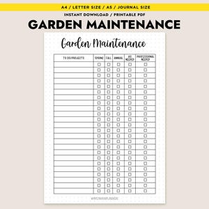 以下が含まれることがあります： 手書きフォントで「Garden Maintenance」というタイトルの印刷可能な庭のメンテナンスチェックリスト。チェックリストには、タスク、春、秋、年間、必要に応じて、専門家が必要なセクションが含まれています。ページの上部には「A4 / Letter Size / A5 / Journal Size」と書かれています。