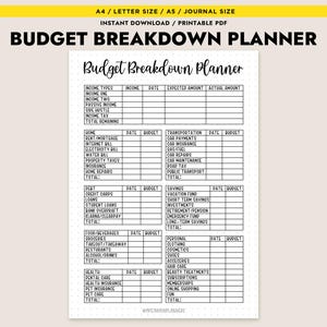 Peut inclure: Un planificateur de budget imprimable noir et blanc avec des sections pour les revenus, le logement, les dettes, les économies, la nourriture et les boissons, les dépenses personnelles, la santé et la richesse. Le planificateur comprend des colonnes pour la date, le budget et le total.