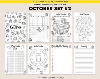 Oktober titelpagina kalendervoorblad Afdrukbare inzetstukken Bullet Journal-bundel A4 A5 halve letter Mood Tracker Gewoonte water Slaaptracker