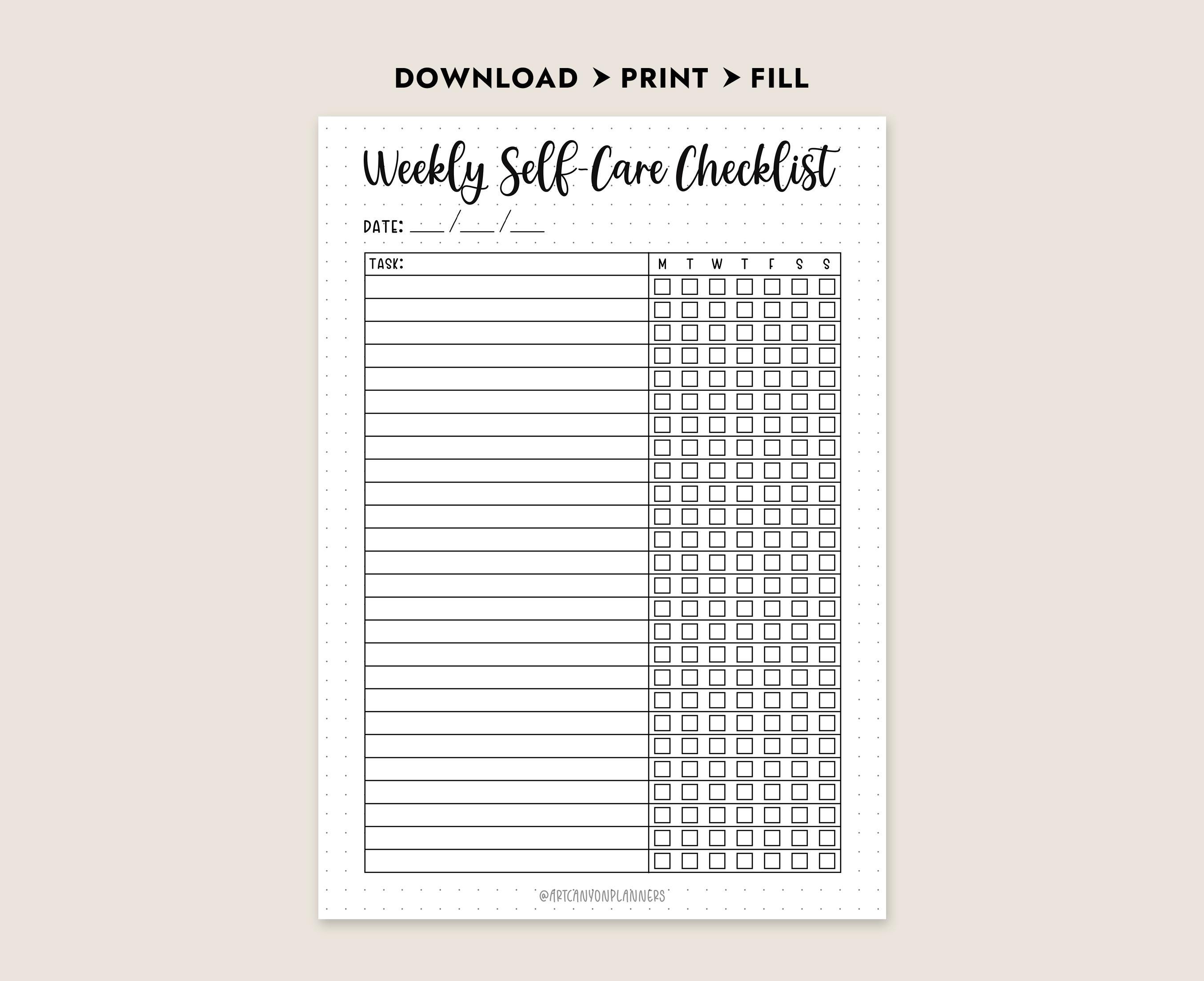 Weekly Self Care Checklist Printable Habit Tracker Mental Wellness ...