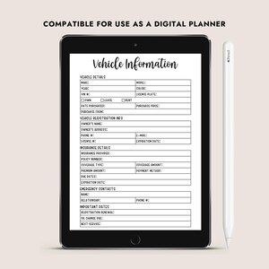 Vehicle Information Printable Car Maintenance Log Auto Organizer ...