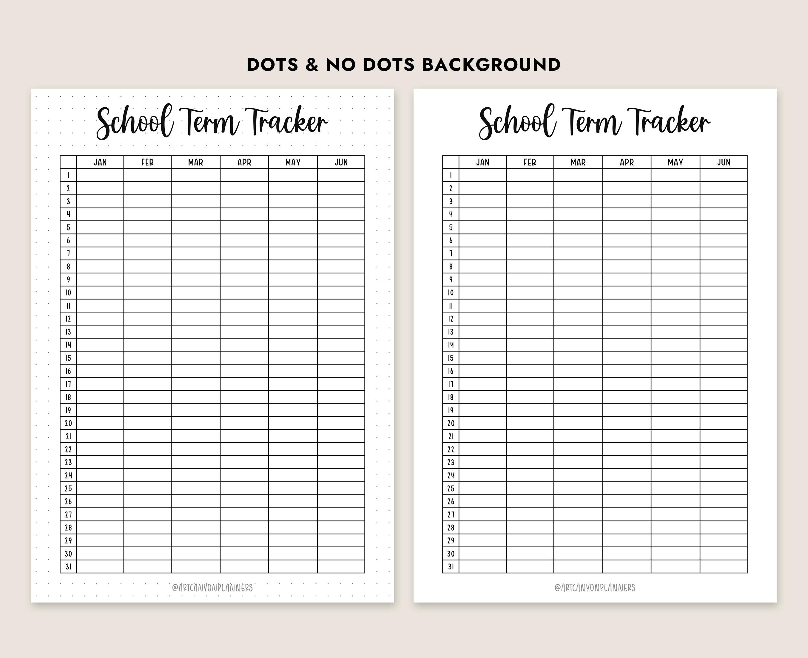 School Term Tracker Printable Student Planner PDF Academic Calendar Log ...