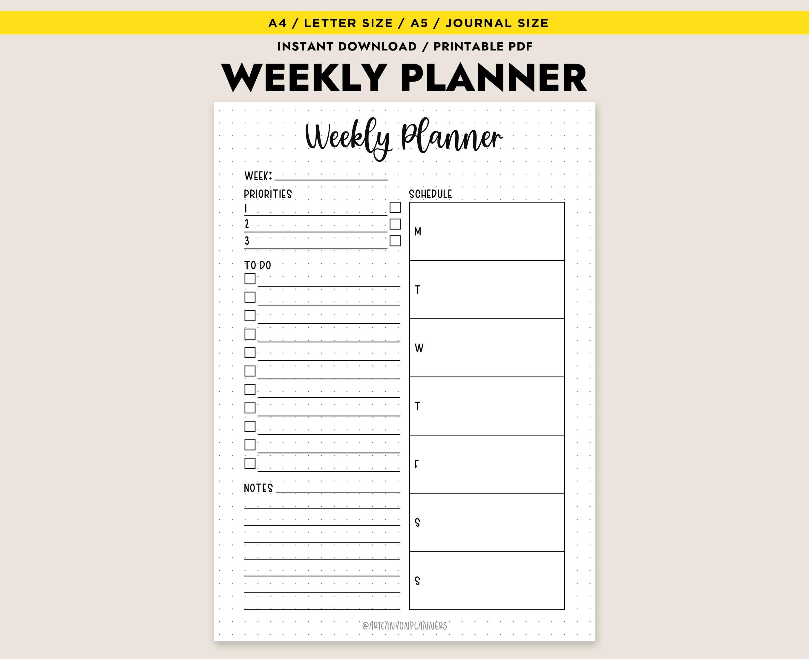 Weekly Planner Printable A4 Letter Size A5 Journal Organizer Digital ...