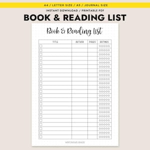 Lista de lectura de libros, planificador de registro de lectura imprimible, inserto de tamaño carta A4 A5, seguimiento de lectura, descarga instantánea