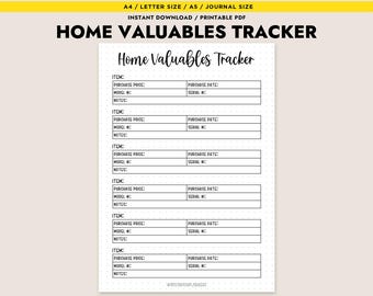 Home Valuables Tracker Printable PDF Home Inventory Log For Insurance A4 Letter A5 Instant Download