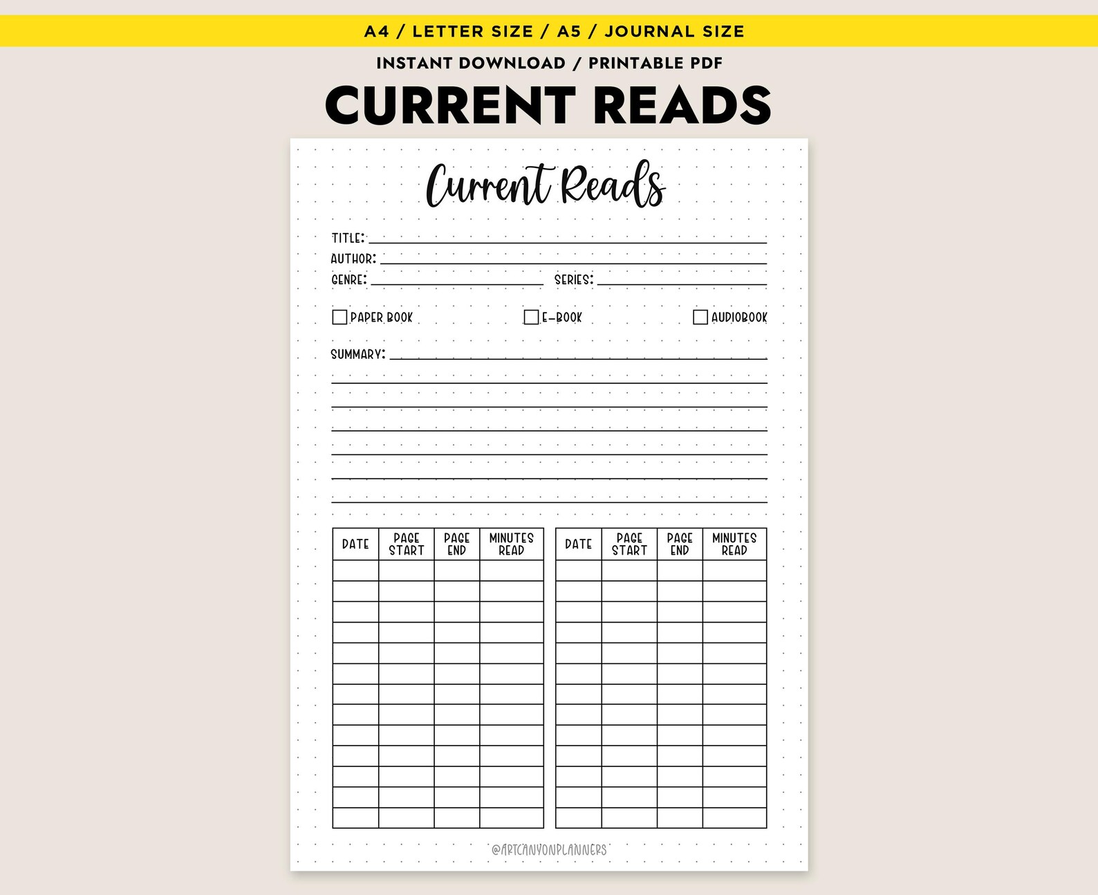 Current Reading Format Current Reads Tracker Printable PDF Reading Log Book Journal Insert A4 ...