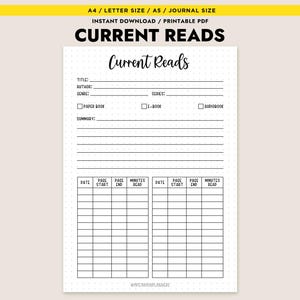May include: A printable PDF journal page with the title "Current Reads" in a handwritten font. The page includes sections for title, author, genre, series, and a summary. There are also checkboxes for "Paper Book", "E-book", and "Audiobook".