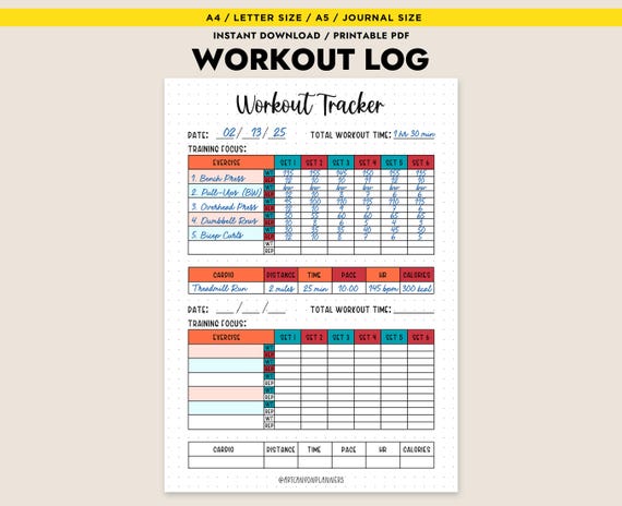 Printable Workout Tracker - Fitness Log Fitness Workout Exercises Printable Monthly Planner Journal Page Daily Tracker Health Log