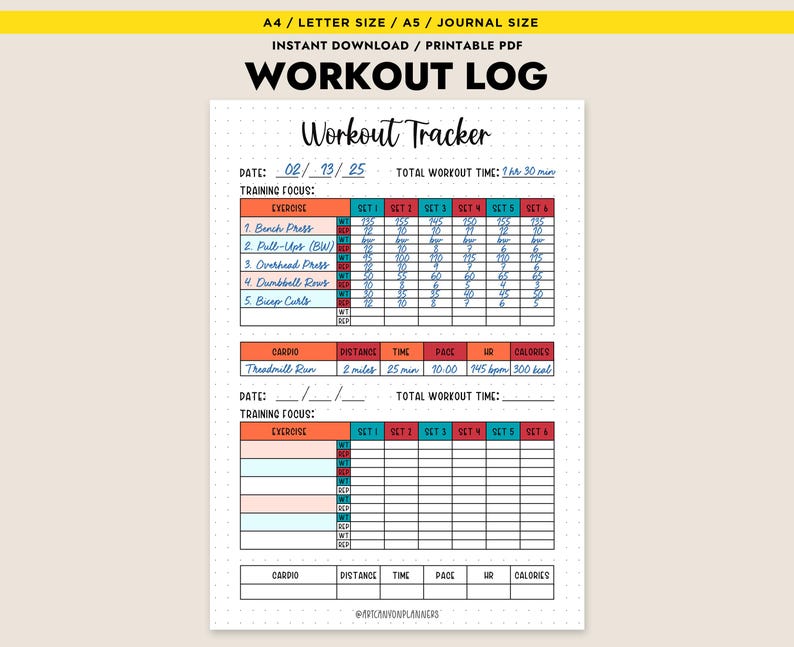 Printable Workout Tracker - Fitness Log Fitness Workout Exercises Printable Monthly Planner Journal Page Daily Tracker Health Log image 1
