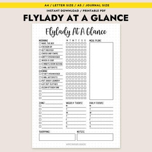 Könnte beinhalten: Ein druckbarer PDF-Planer mit dem Titel "Flylady At A Glance" mit weißem Hintergrund und schwarzem Text. Der Planer enthält Abschnitte für Morgen- und Abendroutinen, wöchentliche Aufgaben und den täglichen Fokus. Es gibt auch Platz für Essensplanung, Einkaufslisten und Notizen.