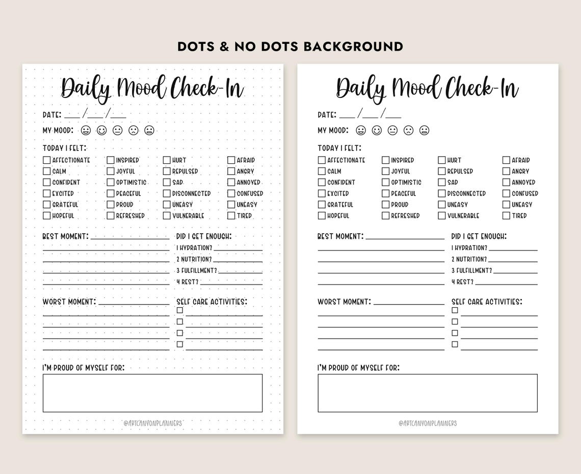 Daily Mood Check in Printable Feelings Journal Mental Health Log Self ...