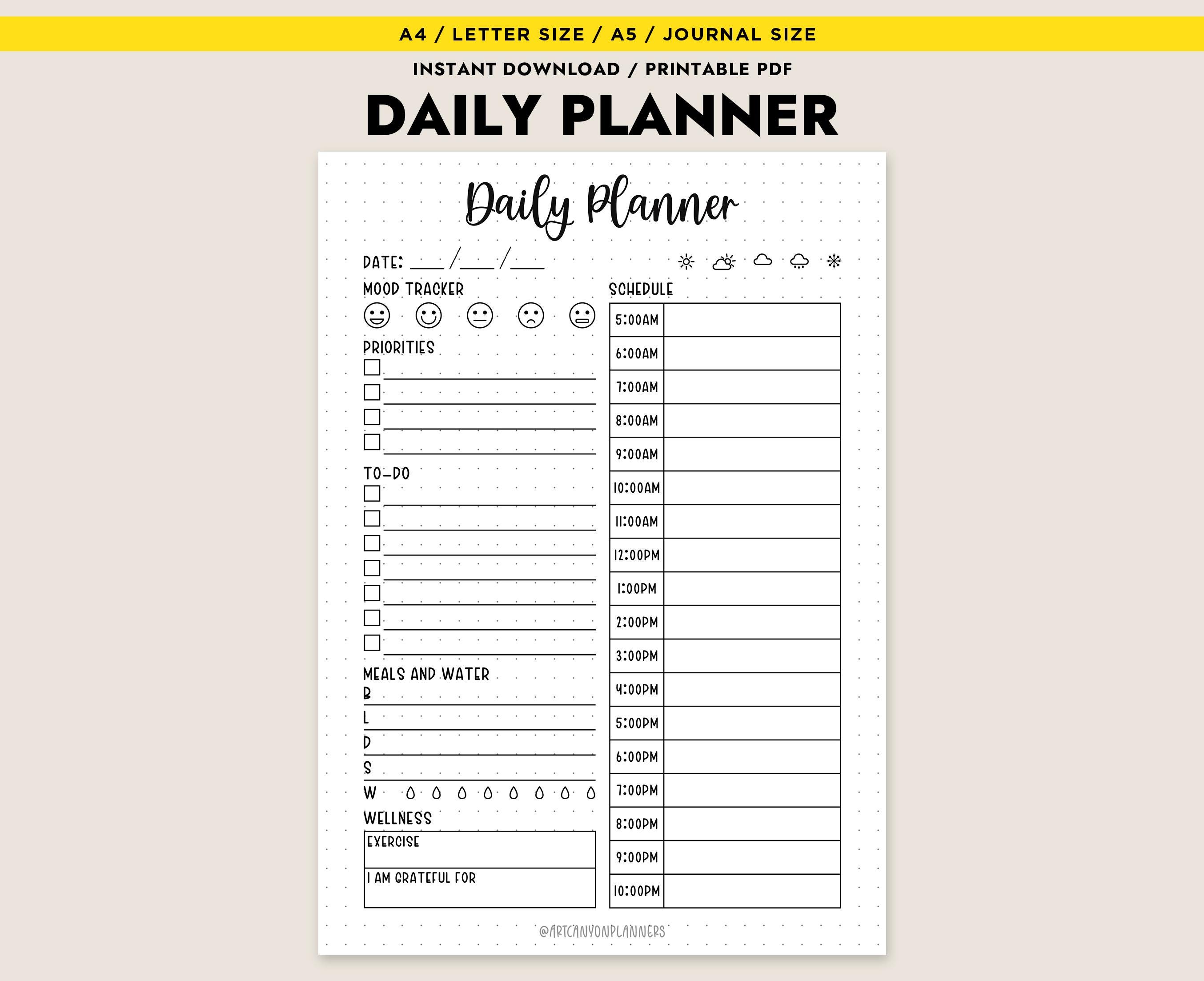 Daily Planner Printable PDF A4 Letter A5 Schedule to Do Mood Wellness ...