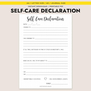 Declaración de autocuidado imprimible, inserto de diario de salud mental, afirmaciones de amor propio, tamaño A4, tamaño A5, carta