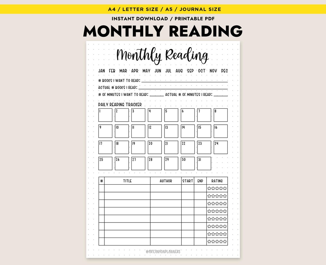 Monthly Reading Log Printable PDF Book Tracker Journal Insert A4 Letter ...