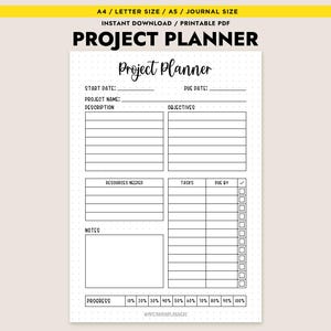 May include: A white Project Planner printable PDF with a black dotted background. The planner includes sections for start date, project name, description, objectives, resources needed, tasks, due by, notes, and progress tracking.