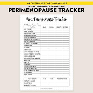 Könnte beinhalten: Ein druckbarer Perimenopause-Tracker auf cremefarbenem Papier. Das Dokument enthält Abschnitte für Symptome, Datum und Schweregrade. Der Titel oben lautet "PERIMENOPAUSE TRACKER".