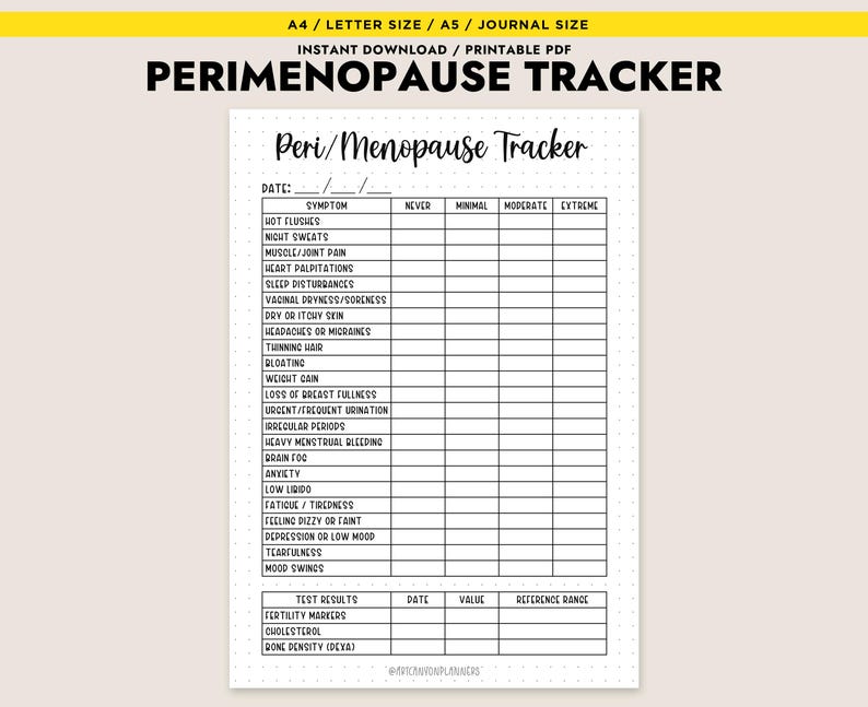 Op de afbeelding: Een afdrukbare perimenopauze tracker op cr&egrave;mekleurig papier. Het document bevat secties voor symptomen, datum en ernstniveaus. De titel bovenaan luidt "PERIMENOPAUSE TRACKER".