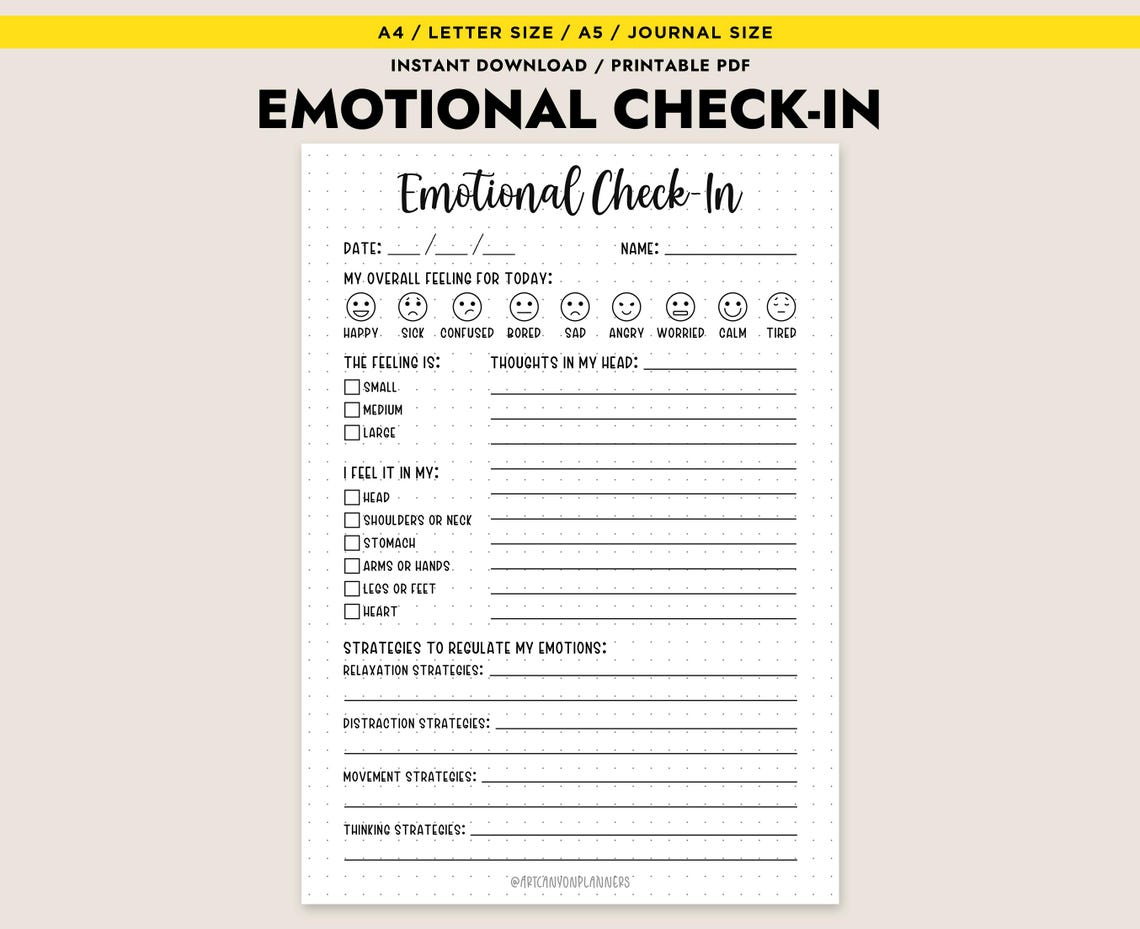 Emotional Check in Printable Feelings Journal Therapy Tool Mental ...