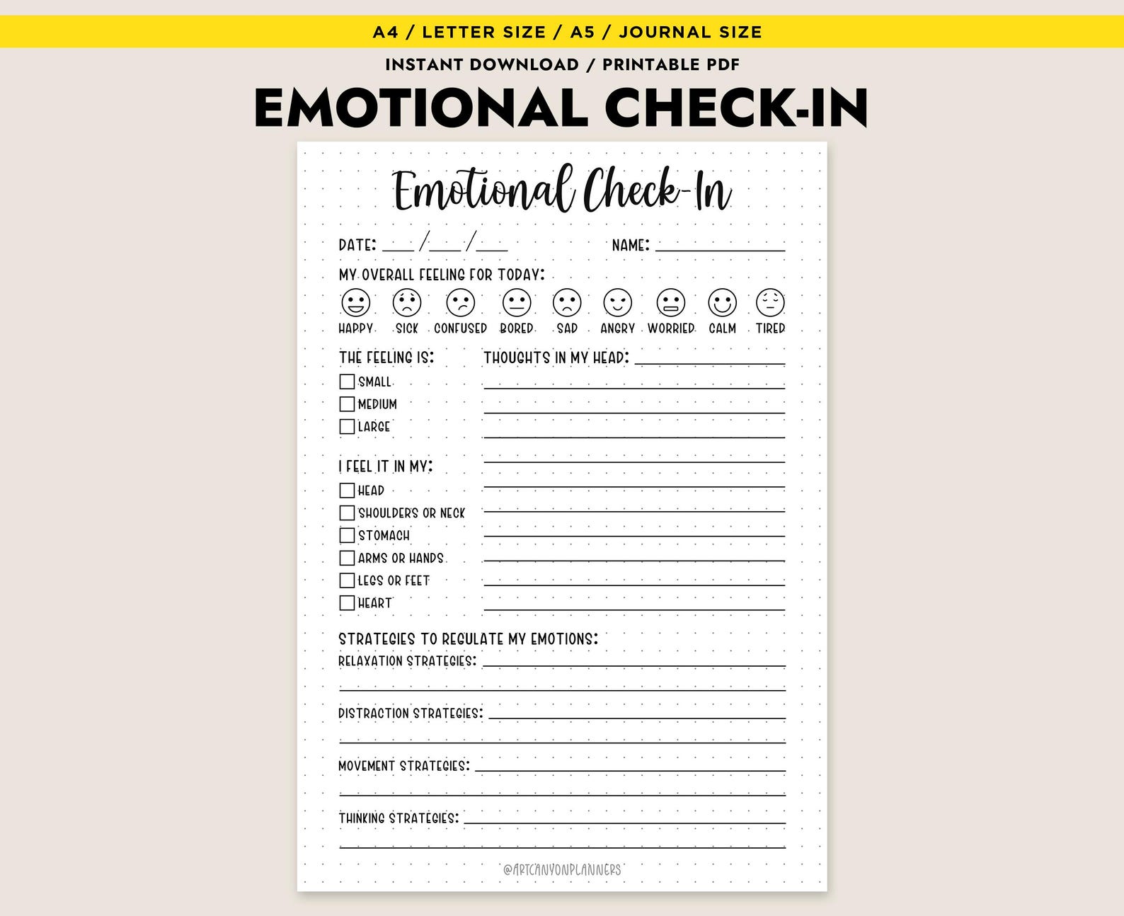 Emotional Check in Printable Feelings Journal Therapy Tool Mental ...