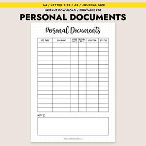 Könnte beinhalten: Ein druckbares PDF-Dokument mit dem Titel „Persönliche Dokumente“ mit einem Raster zur Verfolgung von Dokumentdetails. Das Dokument enthält Felder für Dokumenttyp, Name, Ausstellungs- und Ablaufdaten, Ort und Status sowie einen Notizenbereich.