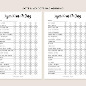 May include: Two symptom rating charts, one with a dotted background and one without. Each chart is a table with rows for symptoms such as hot flushes and mood swings, and columns to rate severity from 1 to 10.