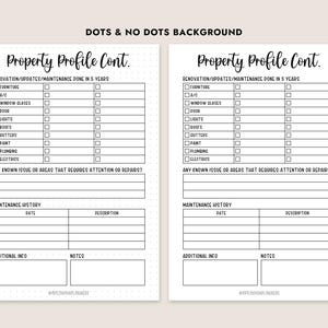 Puede incluir: Dos formularios de perfil de propiedad con el texto "Property Profile Cont." y una lista de verificaci&oacute;n para renovaciones y mantenimiento. Los formularios incluyen secciones para el historial de mantenimiento e informaci&oacute;n adicional.