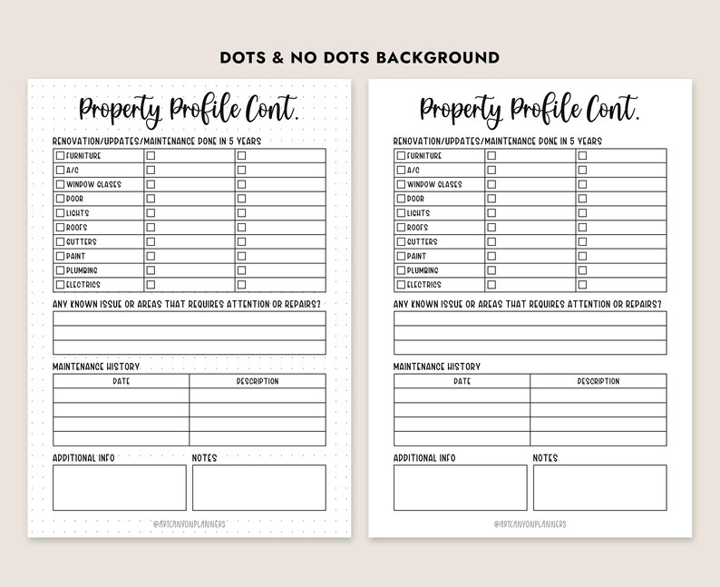 Puede incluir: Dos formularios de perfil de propiedad con el texto "Property Profile Cont." y una lista de verificaci&oacute;n para renovaciones y mantenimiento. Los formularios incluyen secciones para el historial de mantenimiento e informaci&oacute;n adicional.