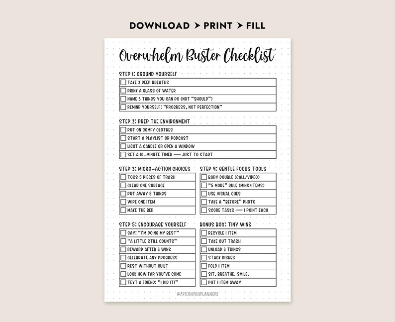 Overwhelm Buster Checklist Printable PDF for ADHD Anxiety Mental Health ...