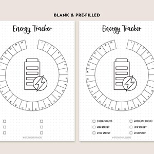 Może przedstawiać: Dwa białe wydruki do śledzenia energii z czarną grafiką liniową. Każdy tracker ma okrągły kształt z numerami 1-30, ikonę baterii z błyskawicą i pola wyboru dla poziom&oacute;w energii. Tekst "Energy Tracker" znajduje się na g&oacute;rze.