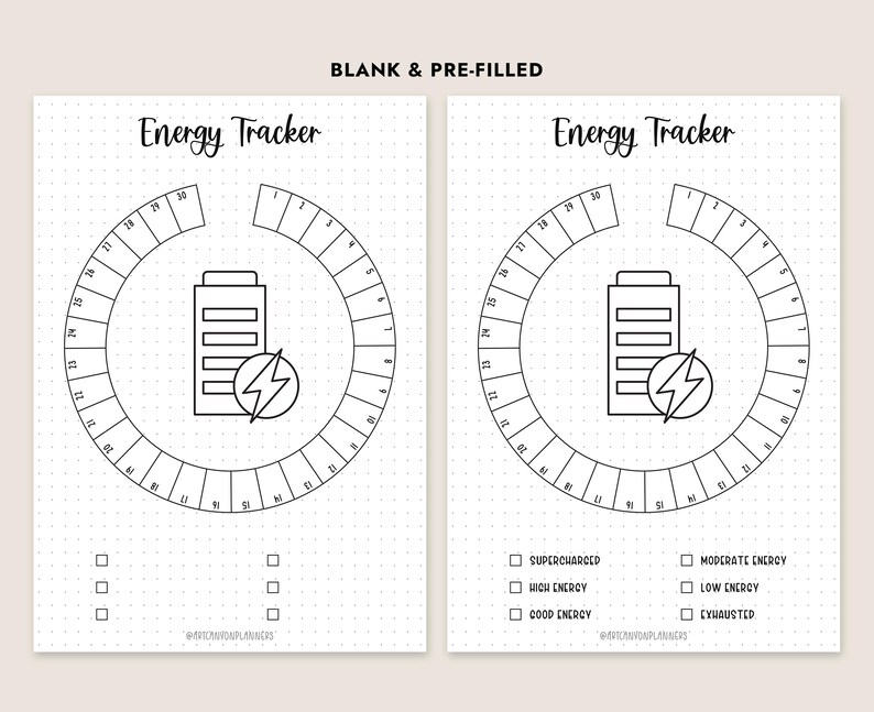 Może przedstawiać: Dwa białe wydruki do śledzenia energii z czarną grafiką liniową. Każdy tracker ma okrągły kształt z numerami 1-30, ikonę baterii z błyskawicą i pola wyboru dla poziom&oacute;w energii. Tekst "Energy Tracker" znajduje się na g&oacute;rze.