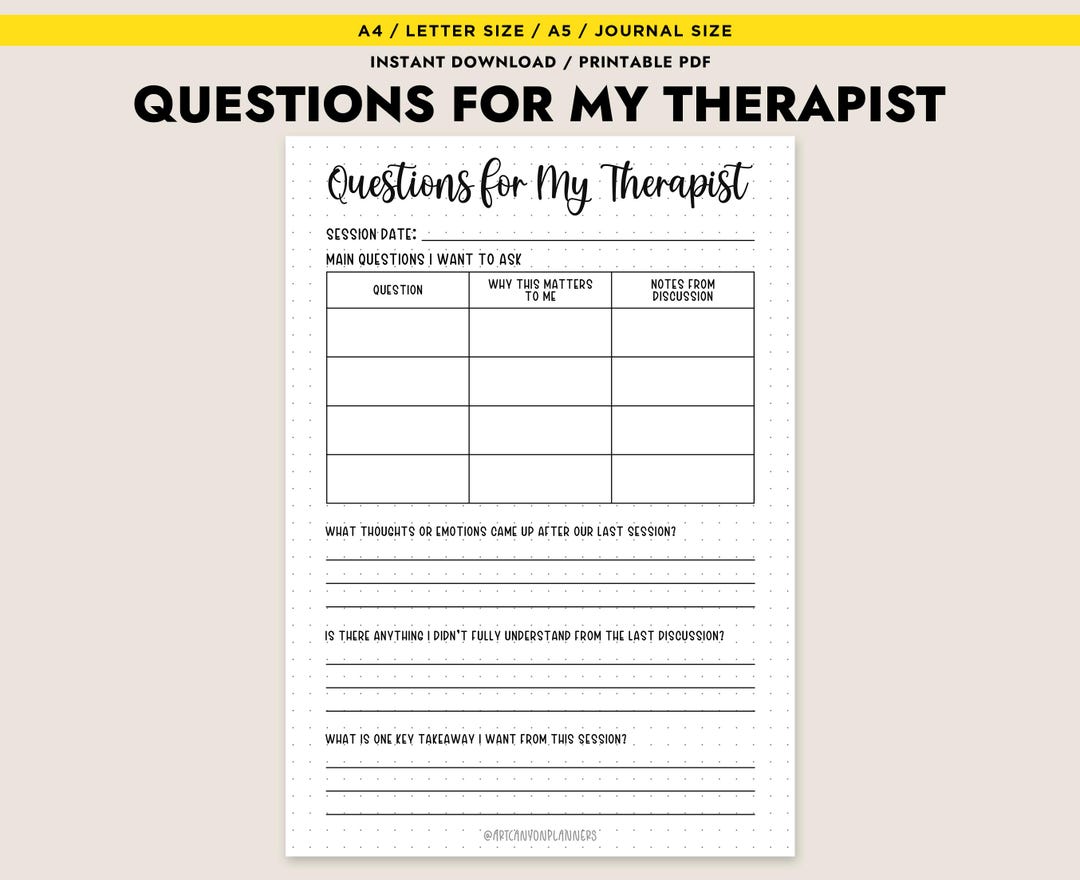 Questions for My Therapist Printable Therapy Journal Insert Session Prep Worksheet A4 A5 Letter ...