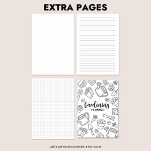 Pu&ograve; includere: Pagine extra per un planner, con carta quadrettata, carta a righe e una copertina a tema giardinaggio in bianco e nero. La copertina include il testo "Gardening Planner". Il testo "EXTRA PAGES" &egrave; in alto.