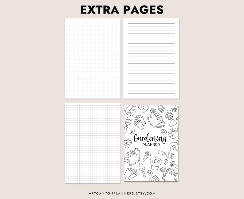Pu&ograve; includere: Pagine extra per un planner, con carta quadrettata, carta a righe e una copertina a tema giardinaggio in bianco e nero. La copertina include il testo "Gardening Planner". Il testo "EXTRA PAGES" &egrave; in alto.