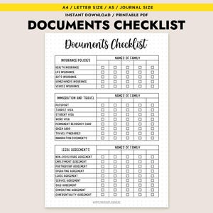 May include: A printable documents checklist with the title "Documents Checklist" in a handwritten font. The checklist is divided into sections for insurance policies, immigration and travel, and legal agreements, with checkboxes for each item.
