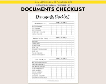 Printable Documents Checklist Family Organizer Important Papers Log Instant Download PDF A4 A5 Letter