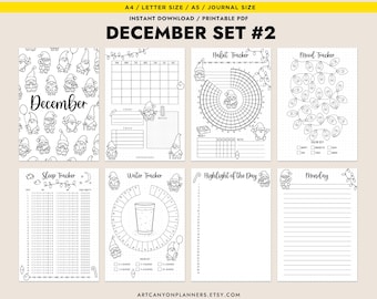 May include: Black and white printable December planner set with gnome illustrations. Includes habit, mood, and sleep trackers, a water tracker, and a daily highlight page. Also features a monthly calendar and a page for notes.