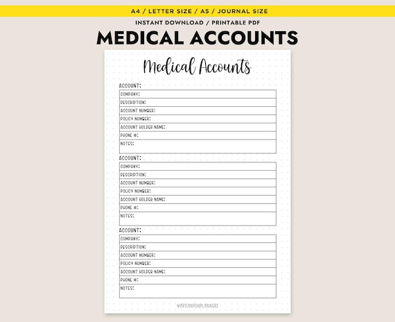 Medical Accounts Planner Printable Health Organizer Medical Information Log A4 A5 Letter Instant Download