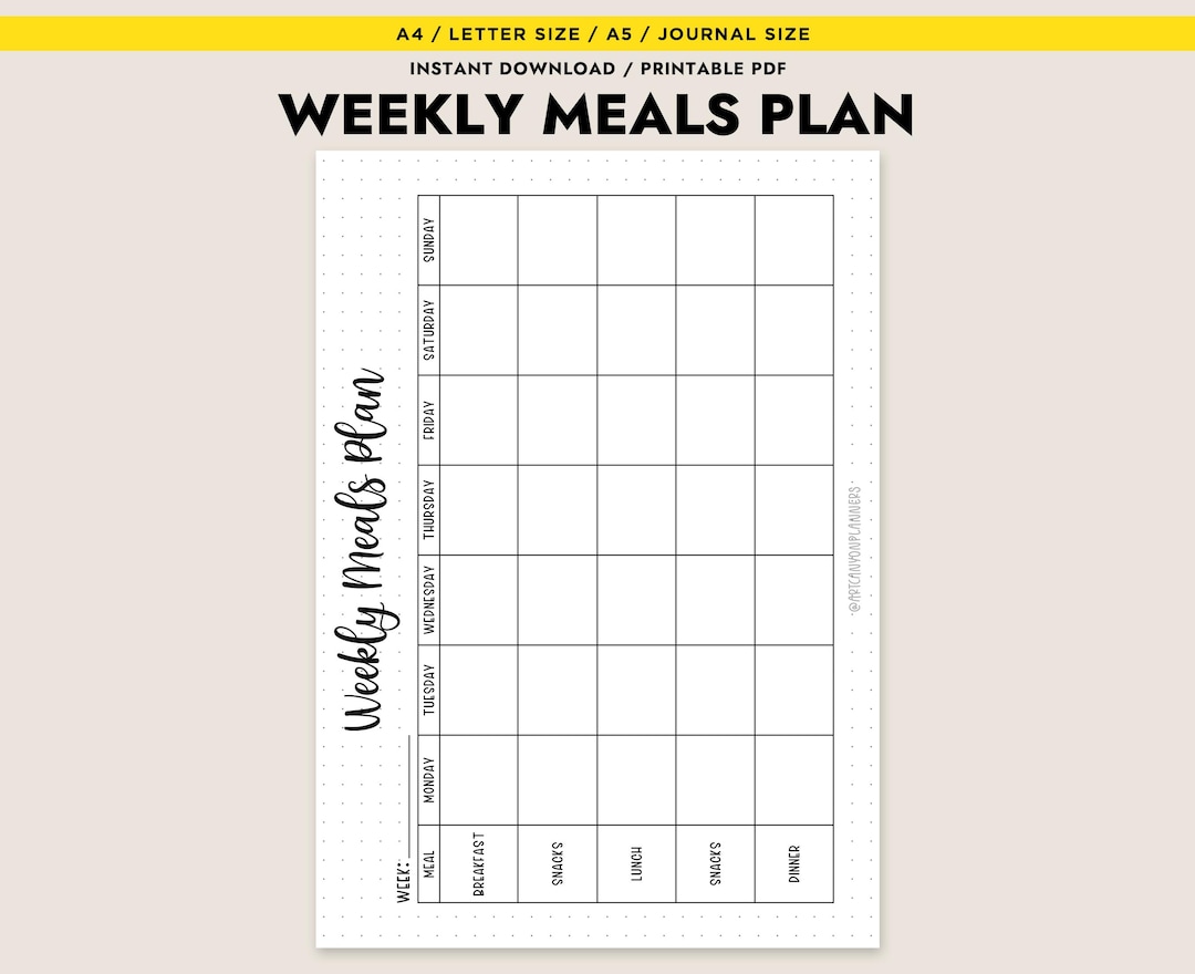 Weekly Meals Plan Printable Planner A4 A5 Letter Journal Size Instant