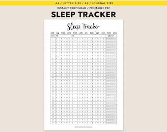 May include: A black and white sleep tracker printable PDF with the title "Sleep Tracker" at the top. The tracker includes sections for the day, PM, AM, and energy levels, with months listed across the top. The size is A4/Letter Size / A5 / Journal Size.