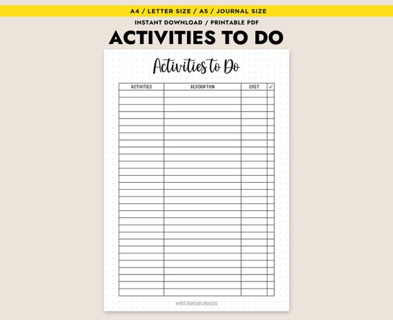 Printable Activities To Do List Travel Itinerary Planner Vacation Planner Insert Instant Download PDF A4 A5 Letter Journal
