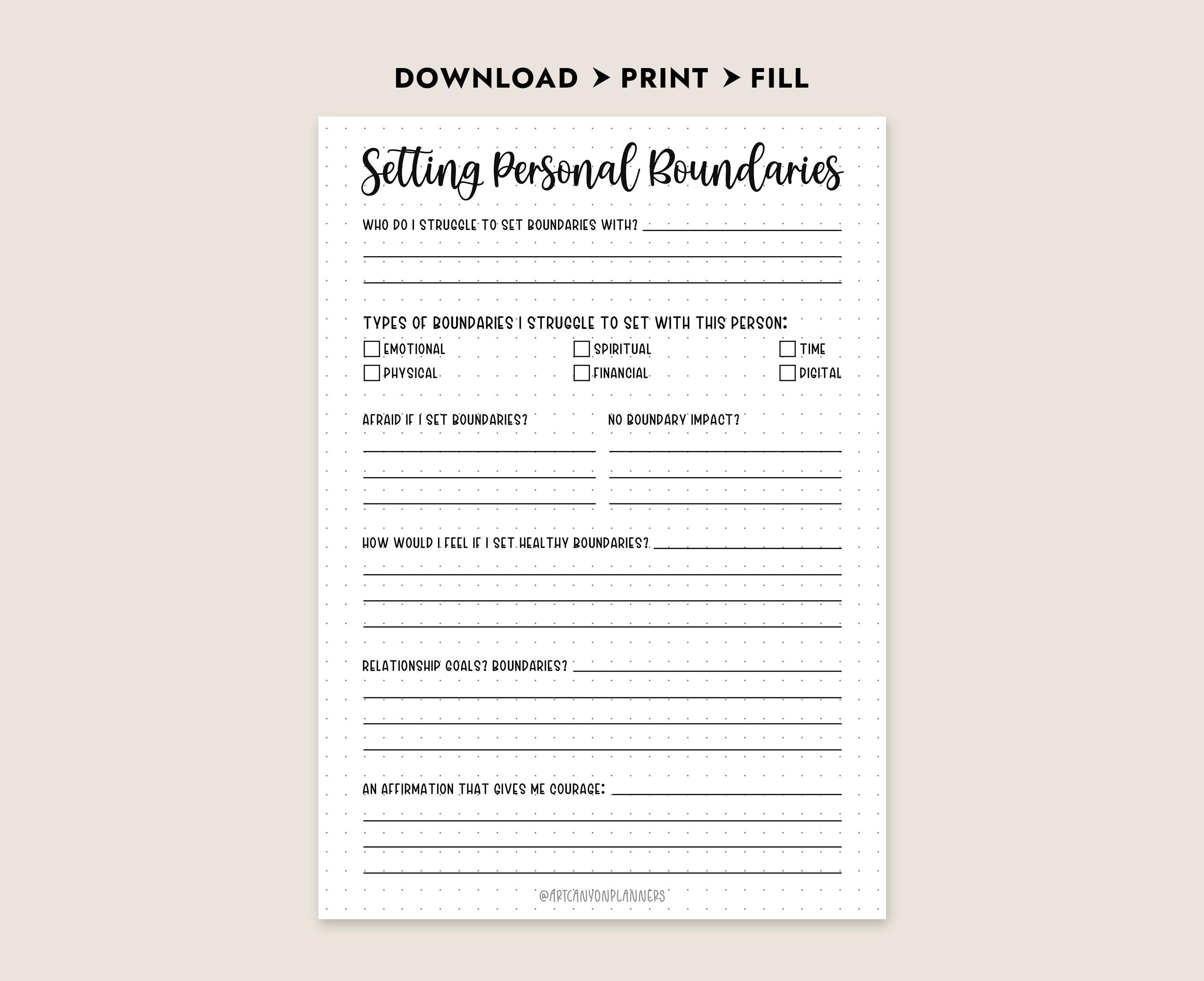 Setting Personal Boundaries Worksheet Self Care Journal Insert Mental ...