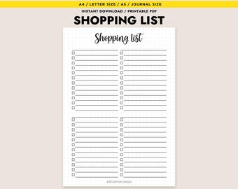 Lista de la compra digital imprimible en tamaño A4, Carta o A5 (tamaño libreta). Descarga instantánea. PDF rellenable. Sin fecha. Reutilizable.