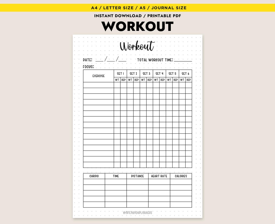 Workout Planner Printable Log Exercise Tracker Sets Reps Cardio A4 A5 ...