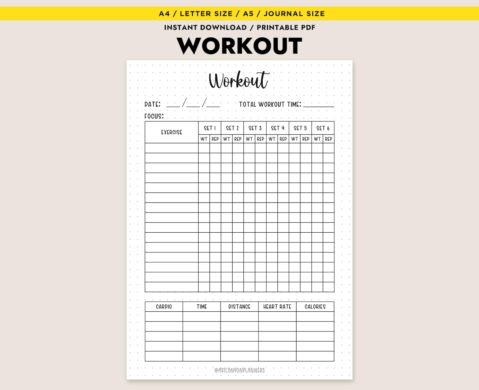 Workout Planner Printable Log Exercise Tracker Sets Reps Cardio A4 A5 ...