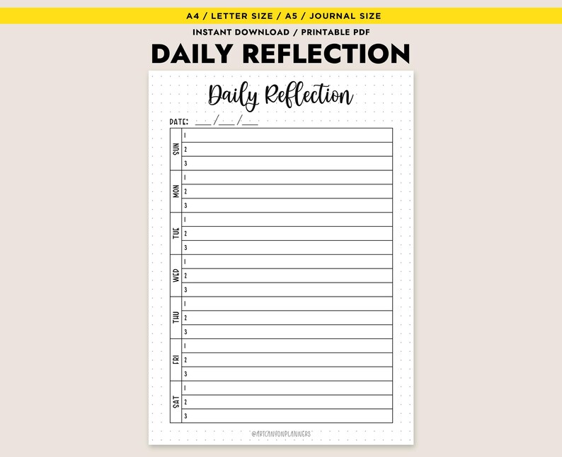 Daily Reflection Printable Weekly Review Journal Page Self Care Planner ...
