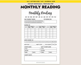 Maandelijks leeslogboek Afdrukbaar boektracker PDF A4 A5 Letter Bullet Journal invoegen Direct downloaden