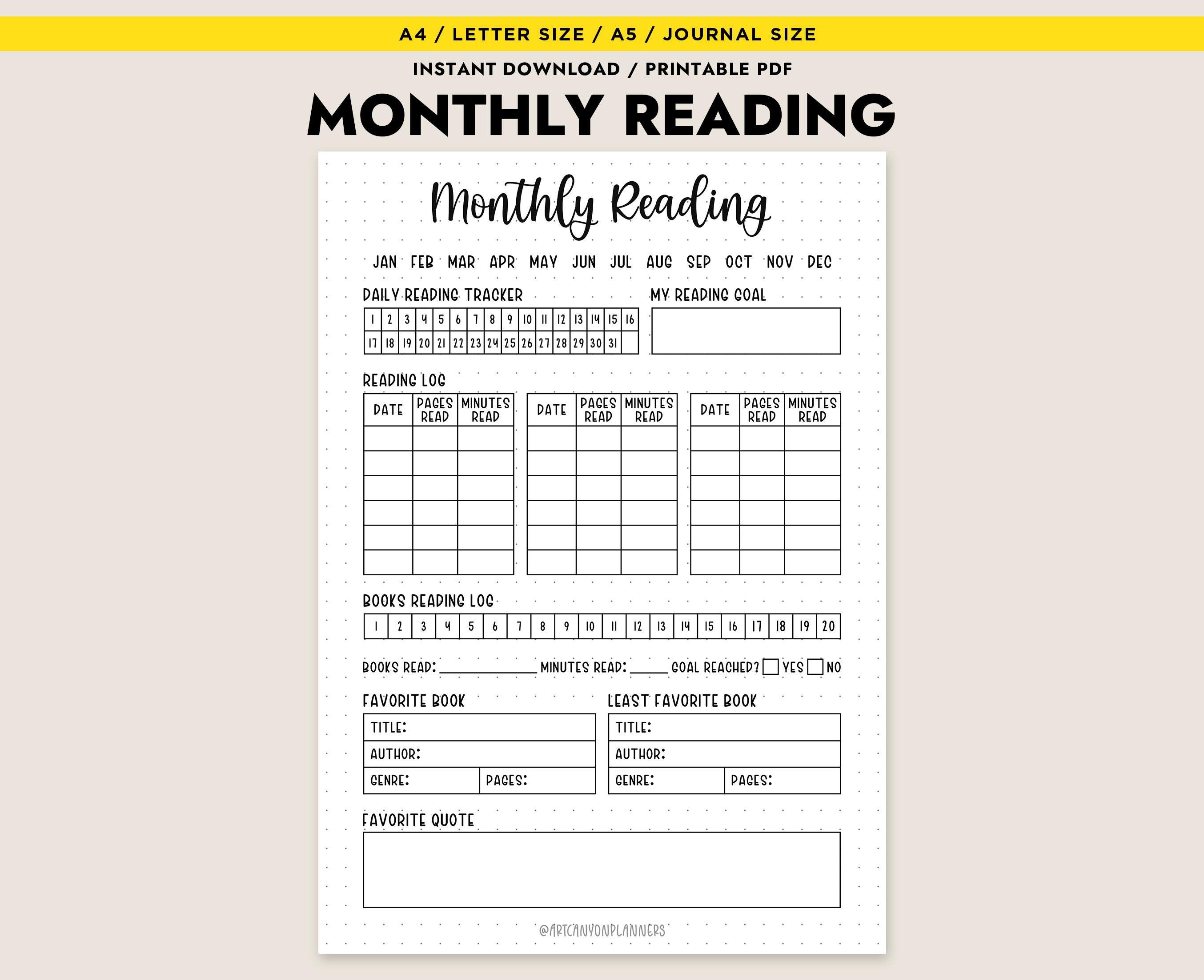 Monthly Reading Log Printable Book Tracker PDF A4 A5 Letter Bullet ...