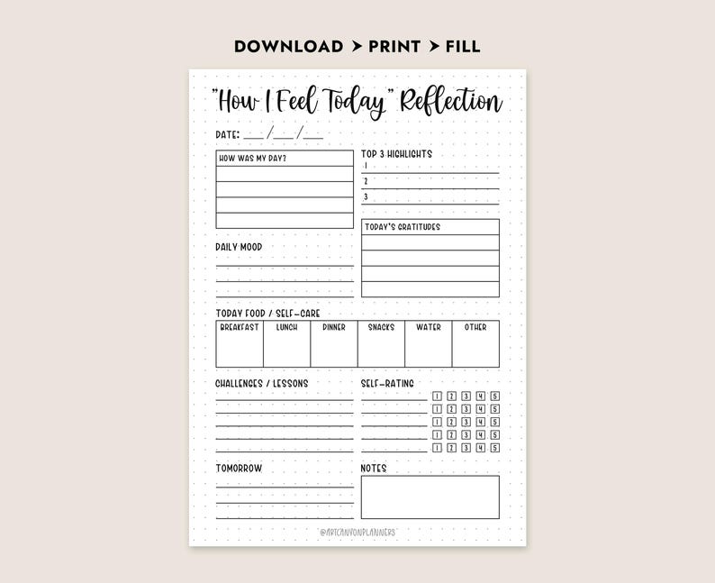 May include: Printable "How I Feel Today" reflection journal page with sections for daily mood, top 3 highlights, gratitudes, food and self-care, challenges and lessons, self-rating, tomorrow, and notes.